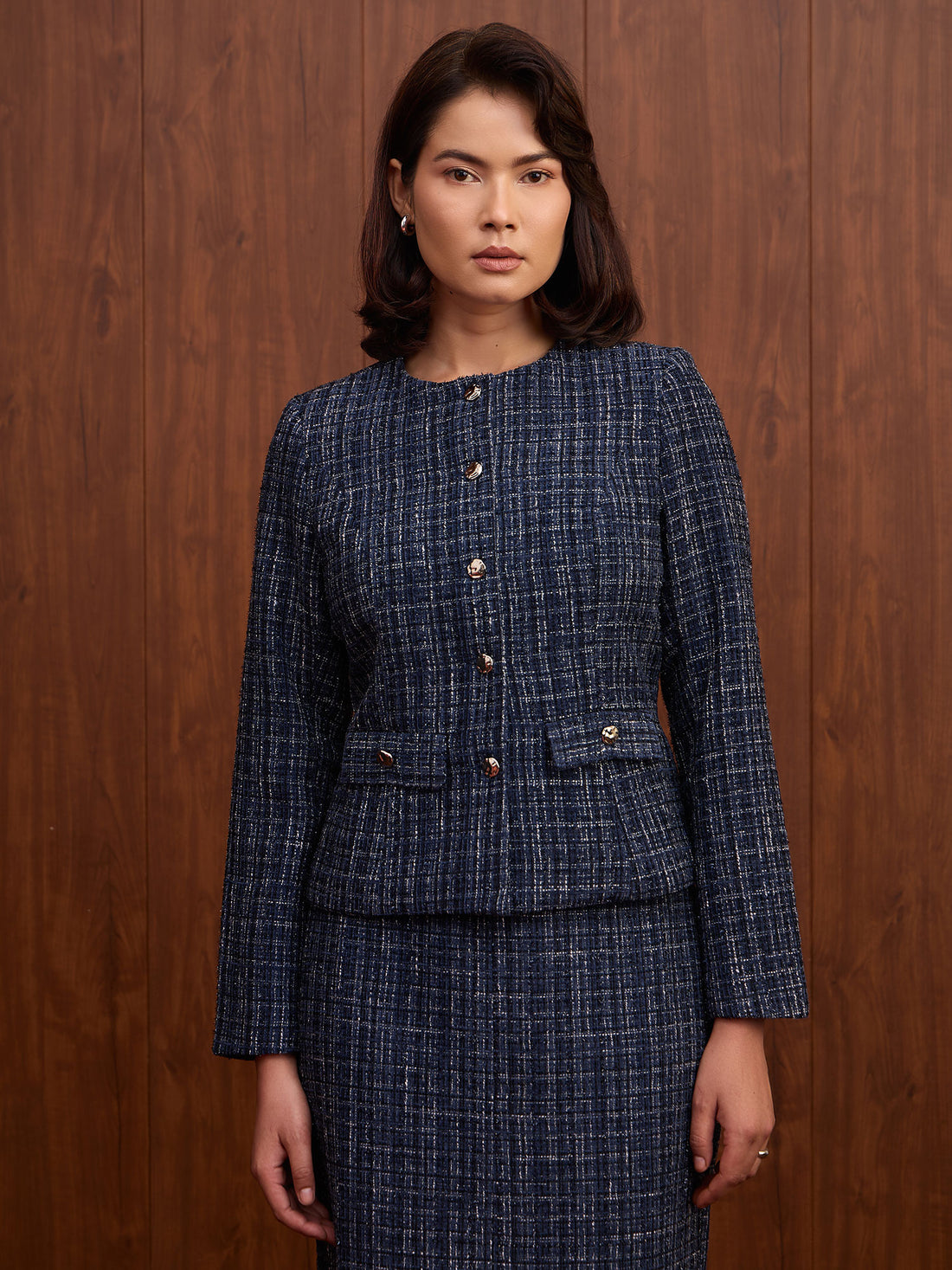 Elara Waist Flap Slim Fit Tweed Blazer-Navy