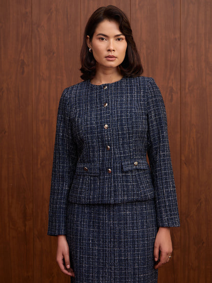 Elara Waist Flap Slim Fit Tweed Blazer-Navy