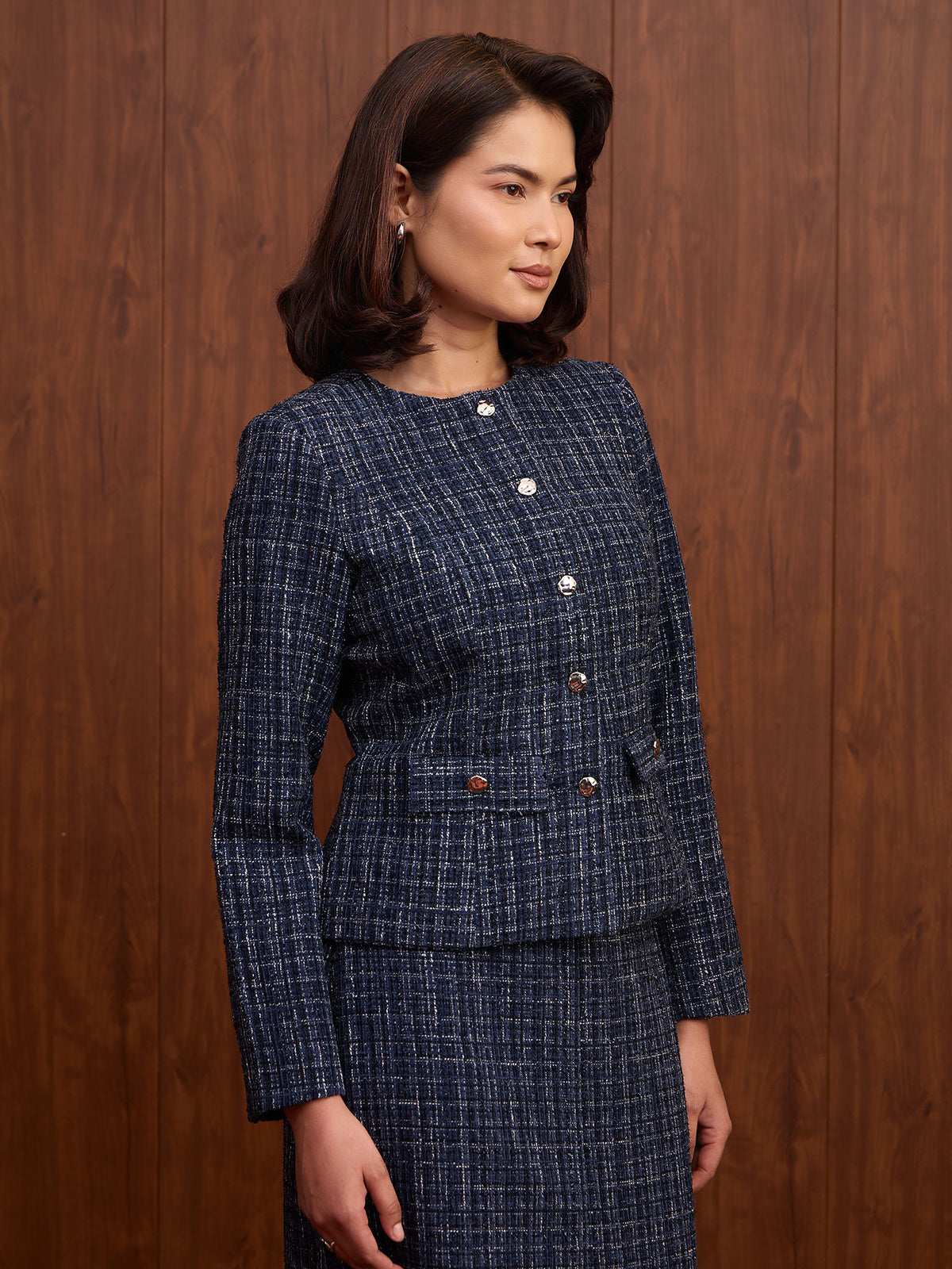 Elara Waist Flap Slim Fit Tweed Blazer-Navy