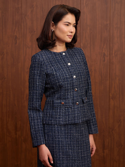 Elara Waist Flap Slim Fit Tweed Blazer-Navy