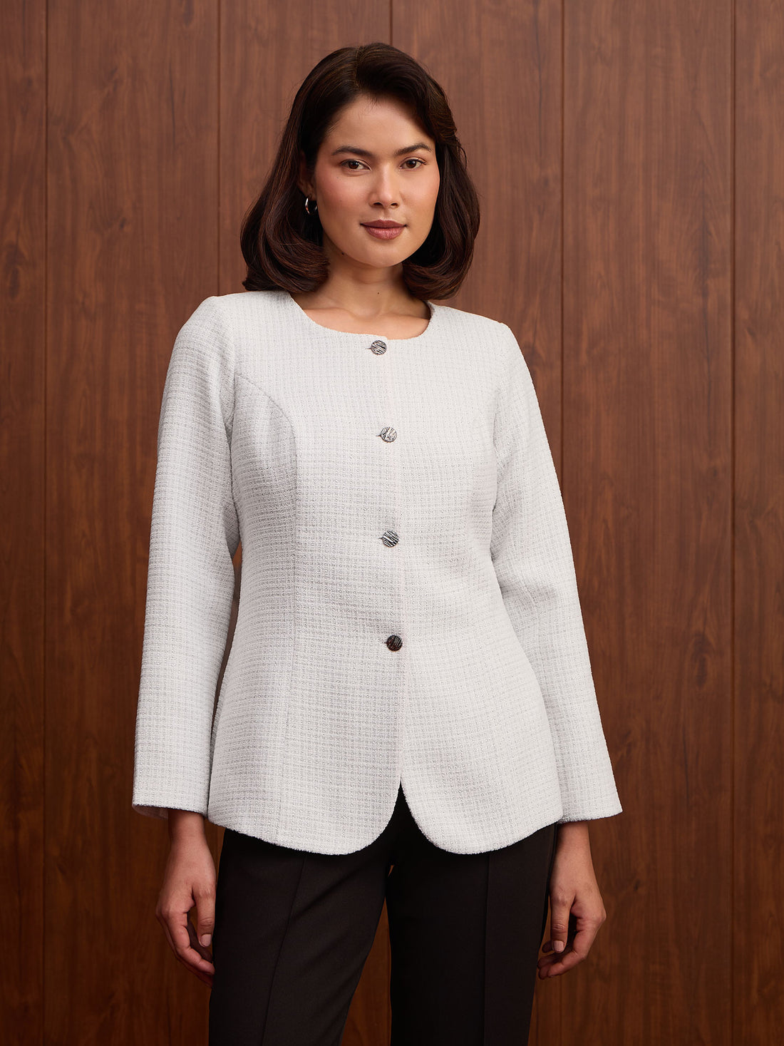 Sylvie Round Neck Tweed Blazer-White