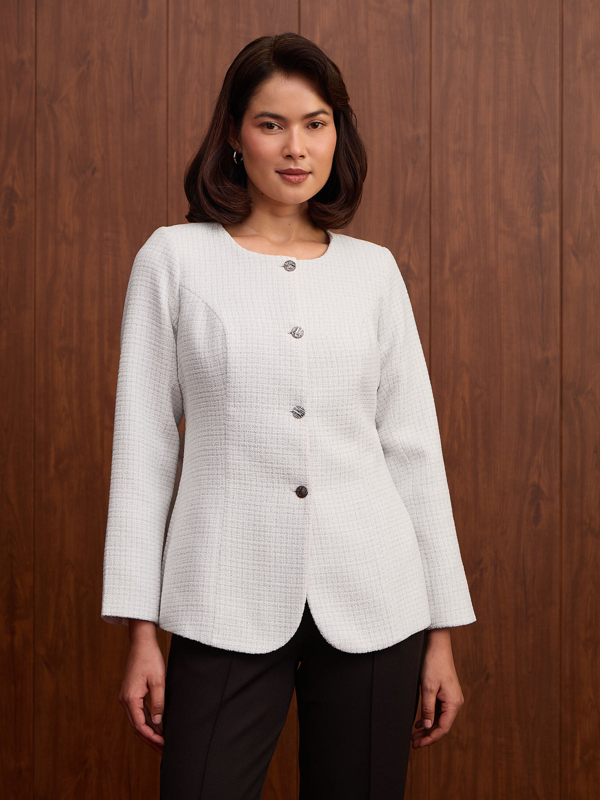 Sylvie Round Neck Tweed Blazer-White