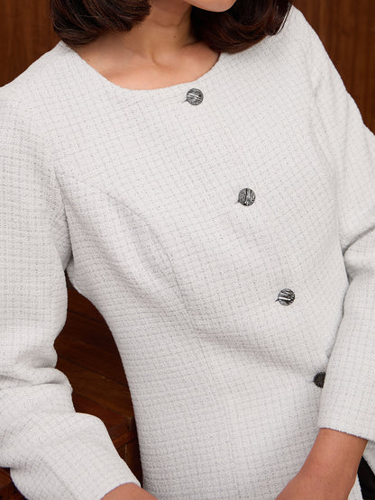 Sylvie Round Neck Tweed Blazer-White