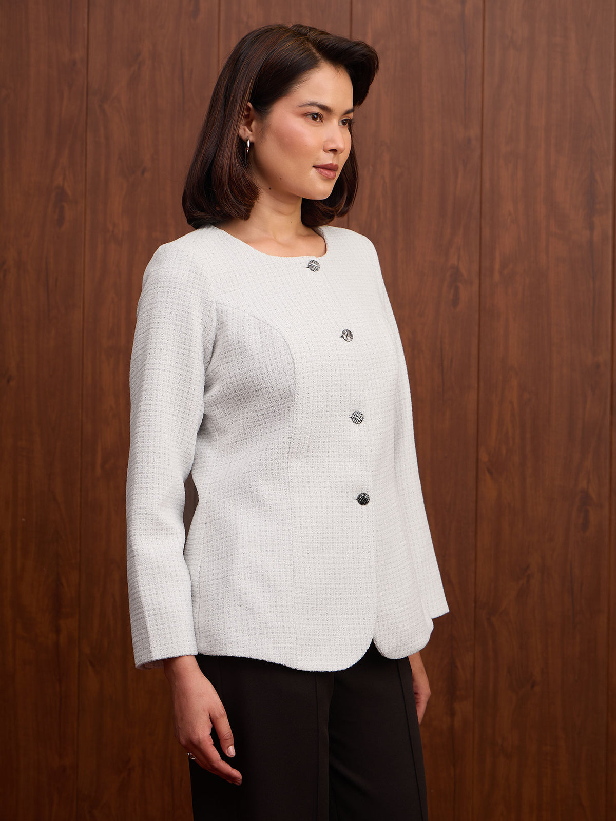 Sylvie Round Neck Tweed Blazer-White