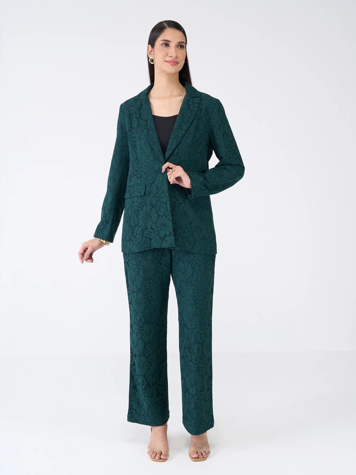 Madison Lace Blazer Suit Set - Dark Green