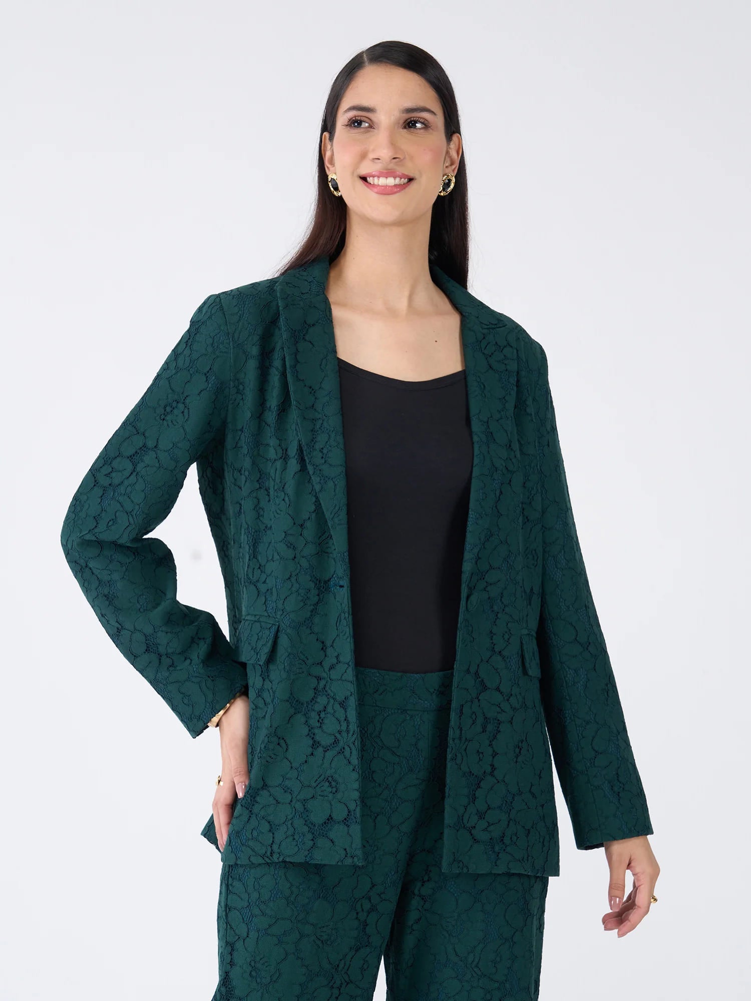 Madison Lace Patterned Blazer Suit Set - Dark Green