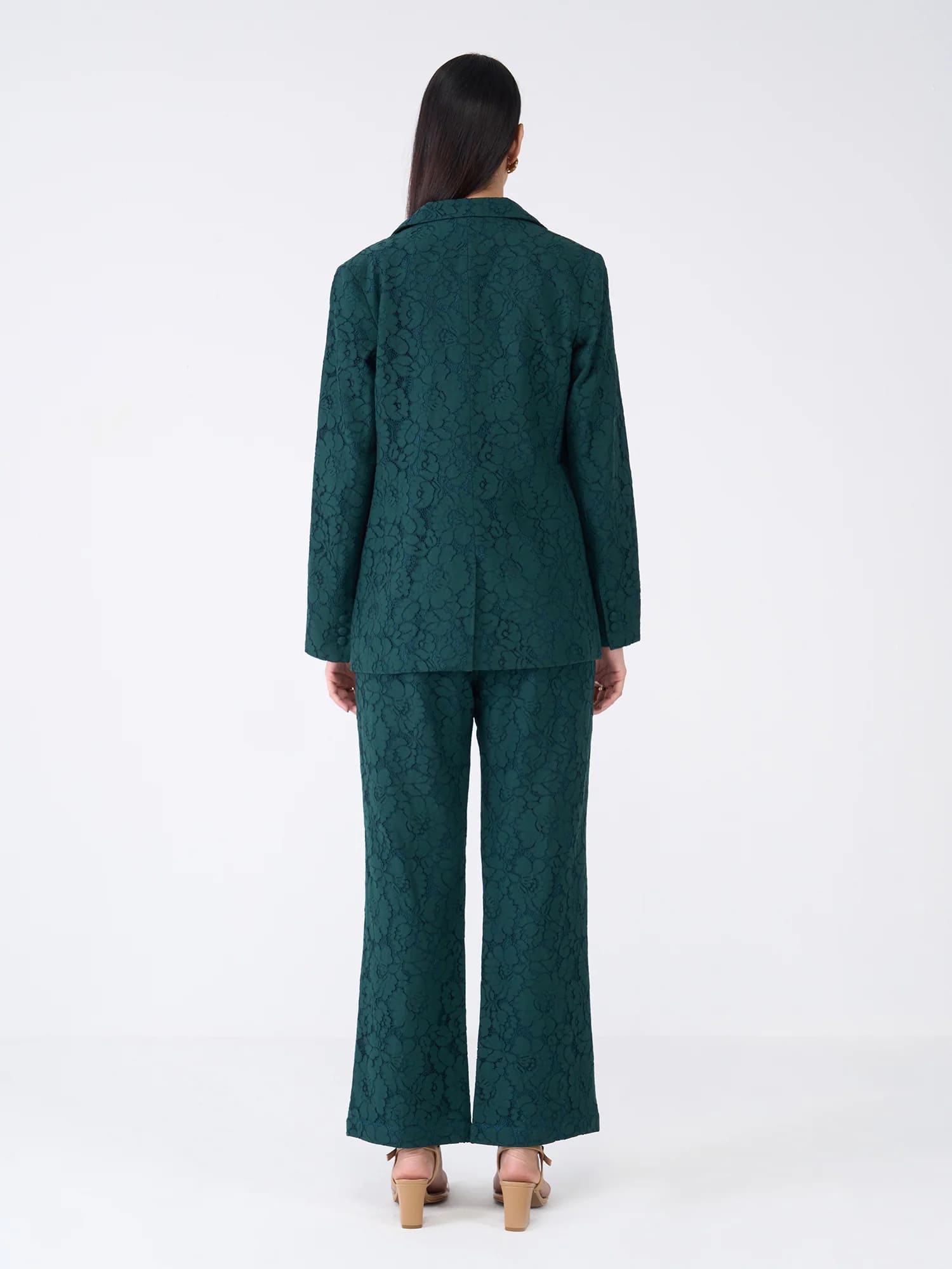 Madison Lace Patterned Blazer Suit Set - Dark Green