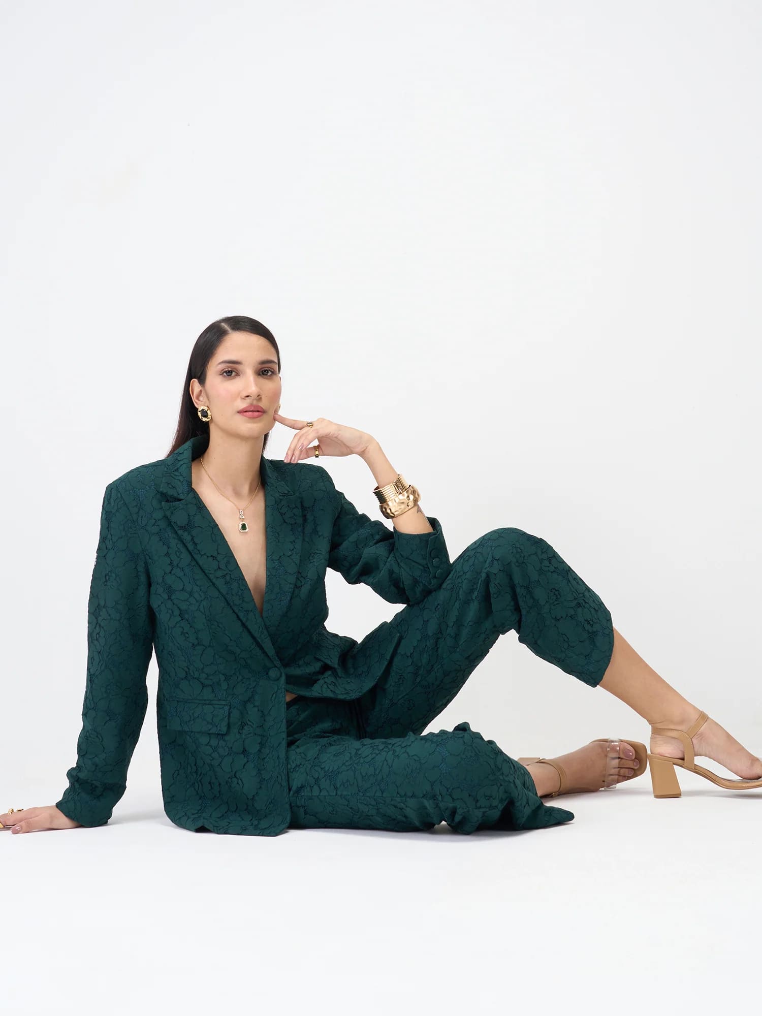 Madison Lace Patterned Blazer Suit Set - Dark Green