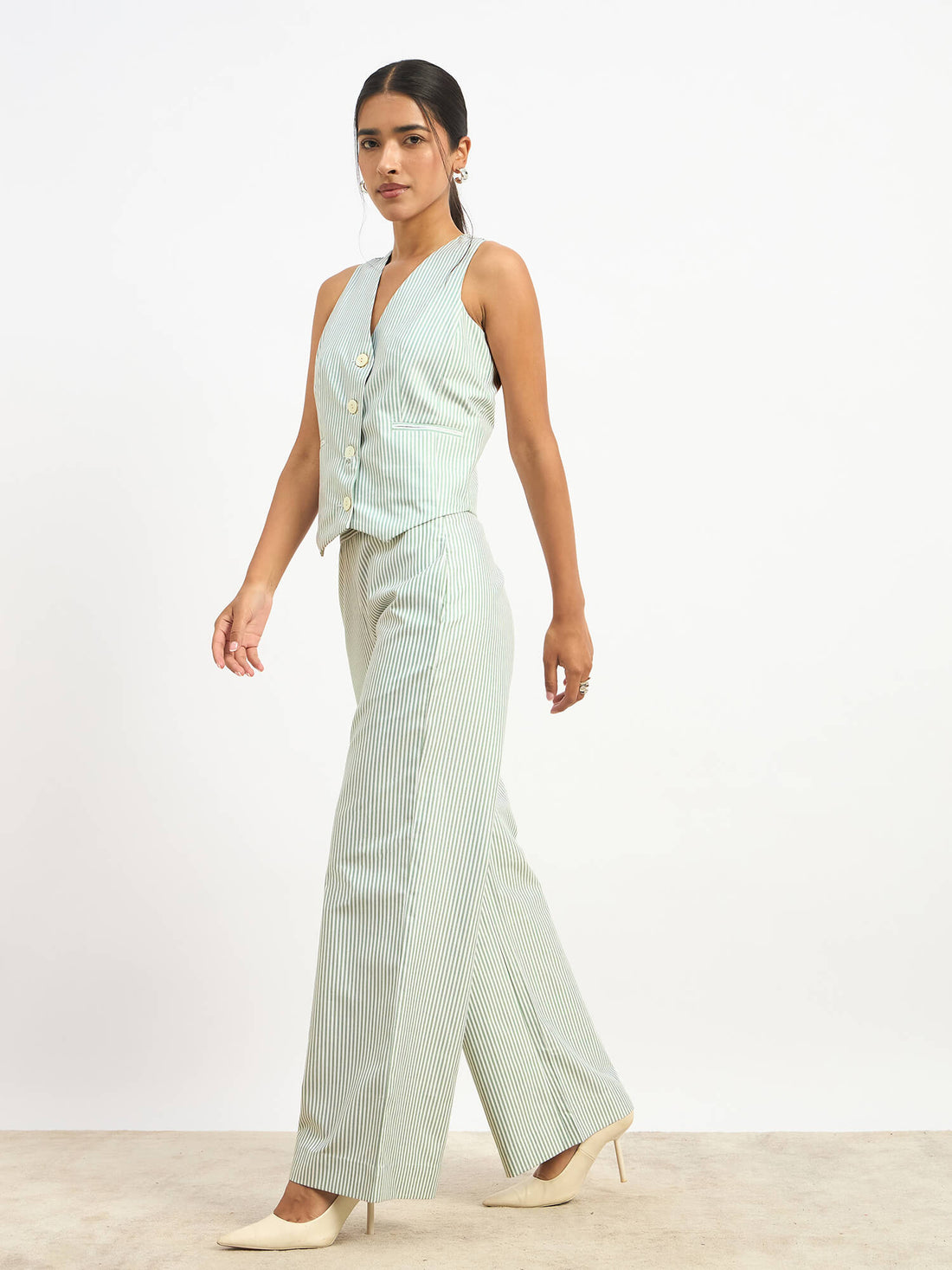 Momentum Striped Waistcoat and Pants Set - Light Green