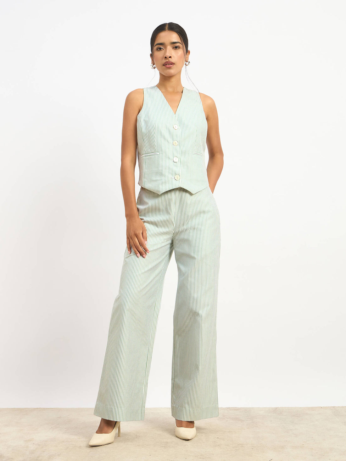Momentum Striped Waistcoat and Pants Set - Light Green