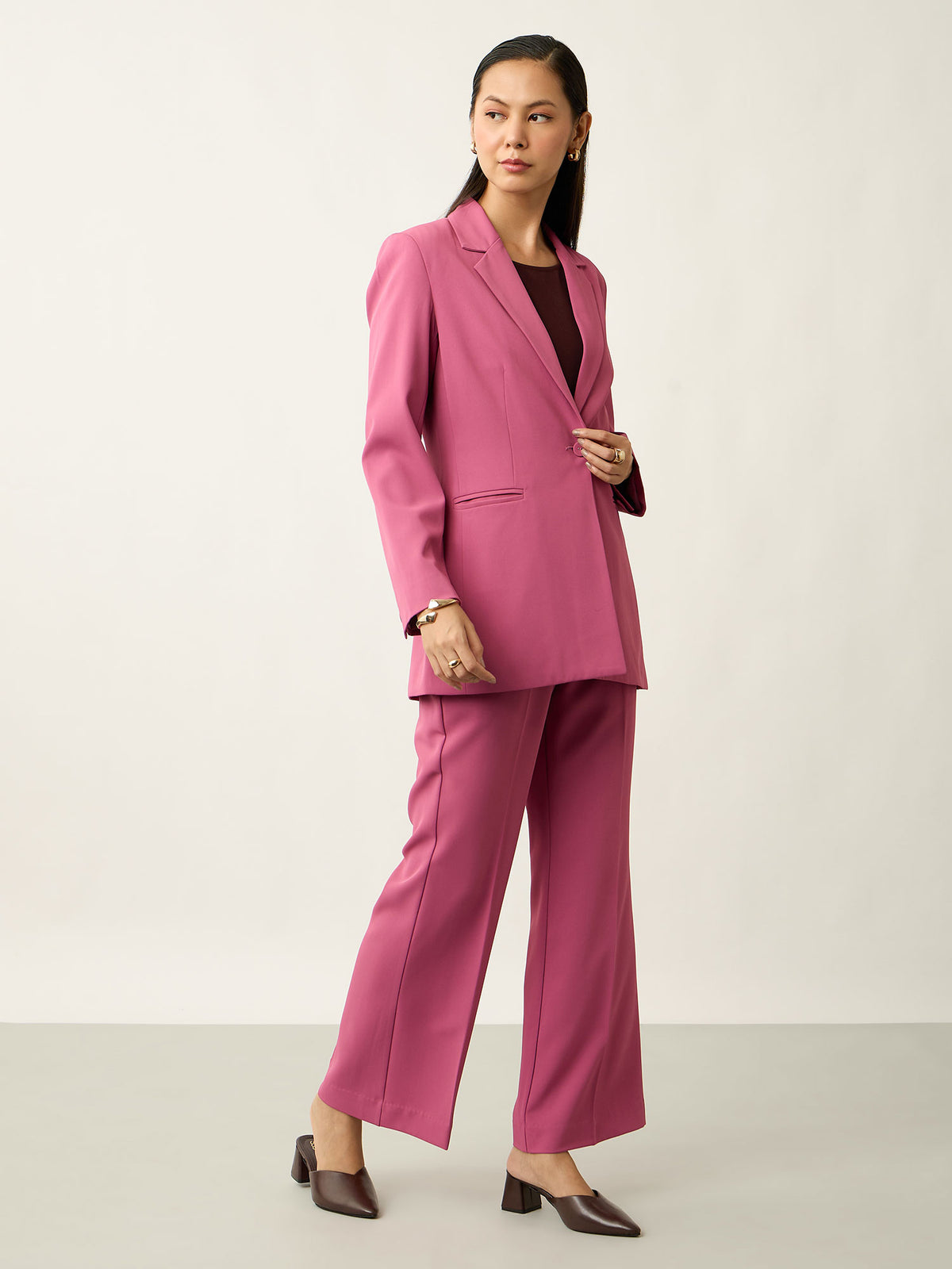 Luminous Slim Fit Single Breasted Blazer With Pants-Mauve
