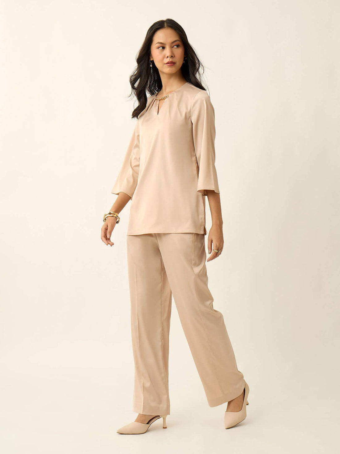 Demi Neck Chain Satin Co-Ord-Beige
