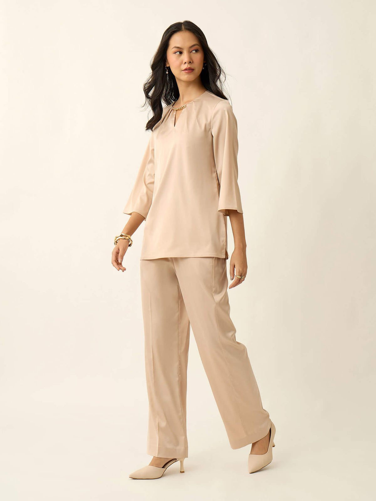 Demi Neck Chain Satin Co-Ord-Beige