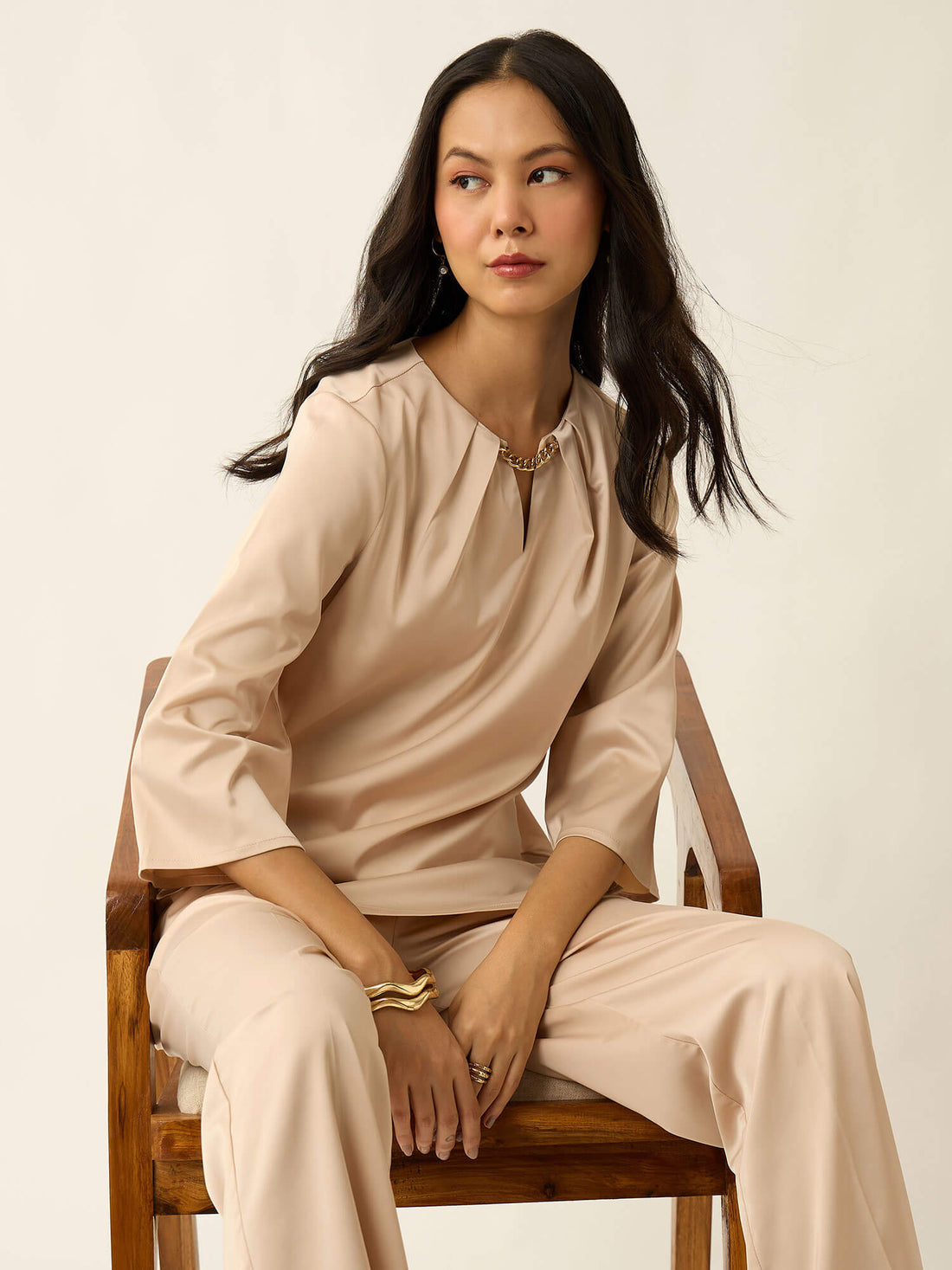 Demi Neck Chain Satin Co-Ord-Beige