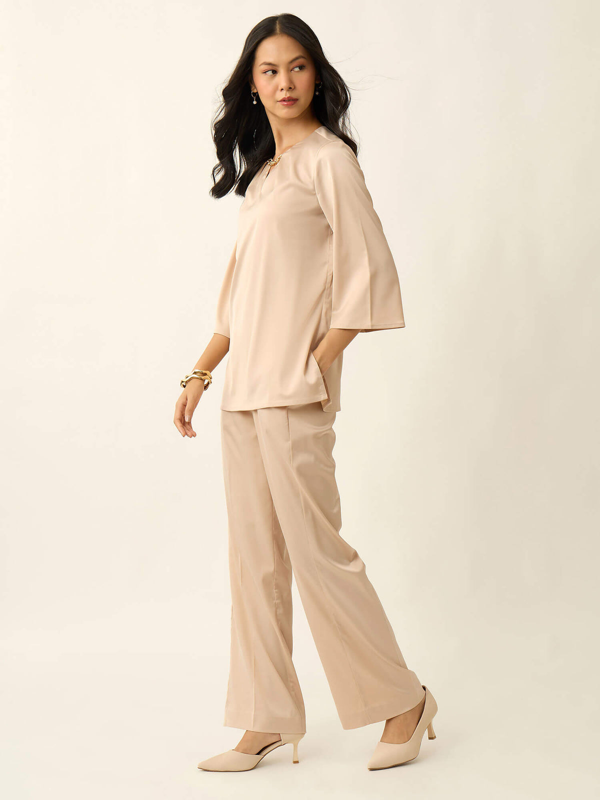 Demi Neck Chain Satin Co-Ord-Beige