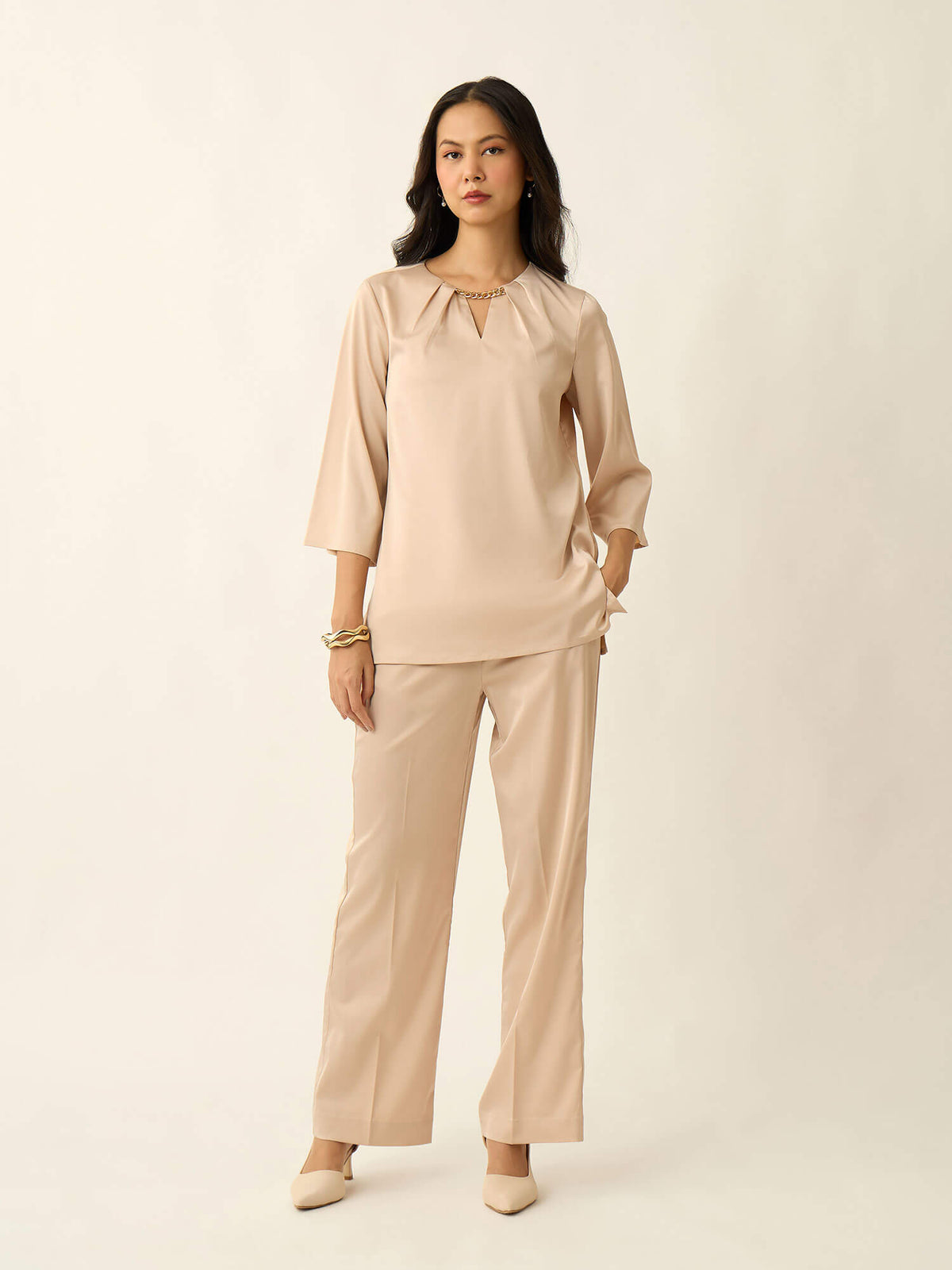 Demi Neck Chain Satin Co-Ord-Beige