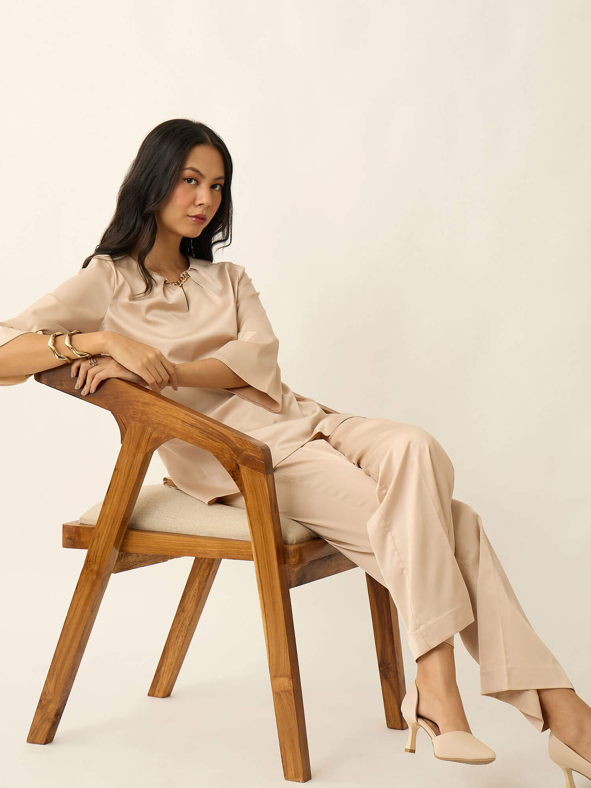Demi Neck Chain Satin Co-Ord-Beige