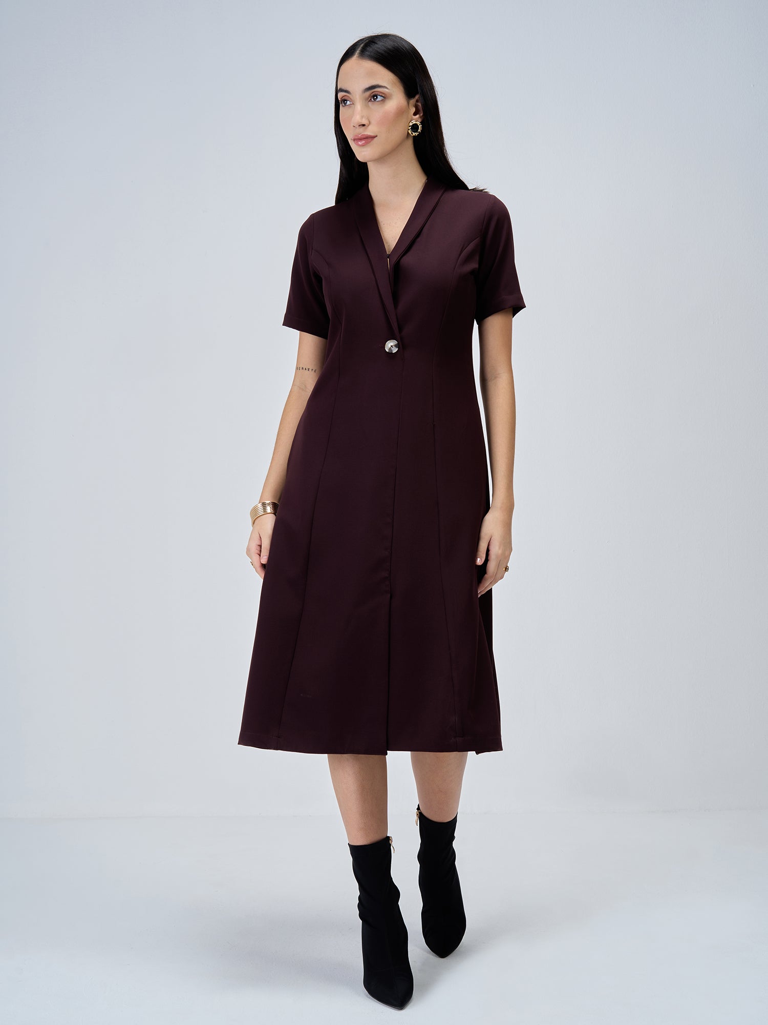 Stalwart Shawl Collared Dress-Dark Brown