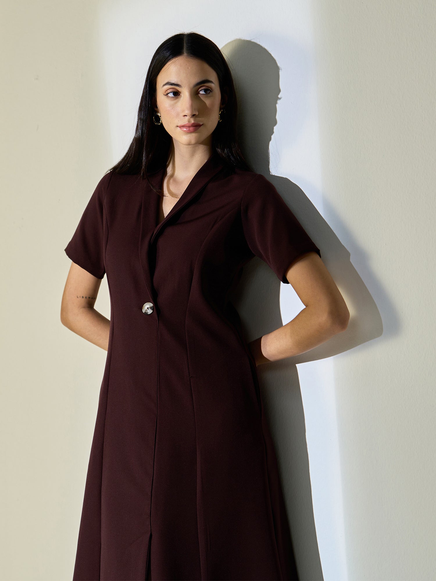 Stalwart Shawl Collared Dress-Dark Brown