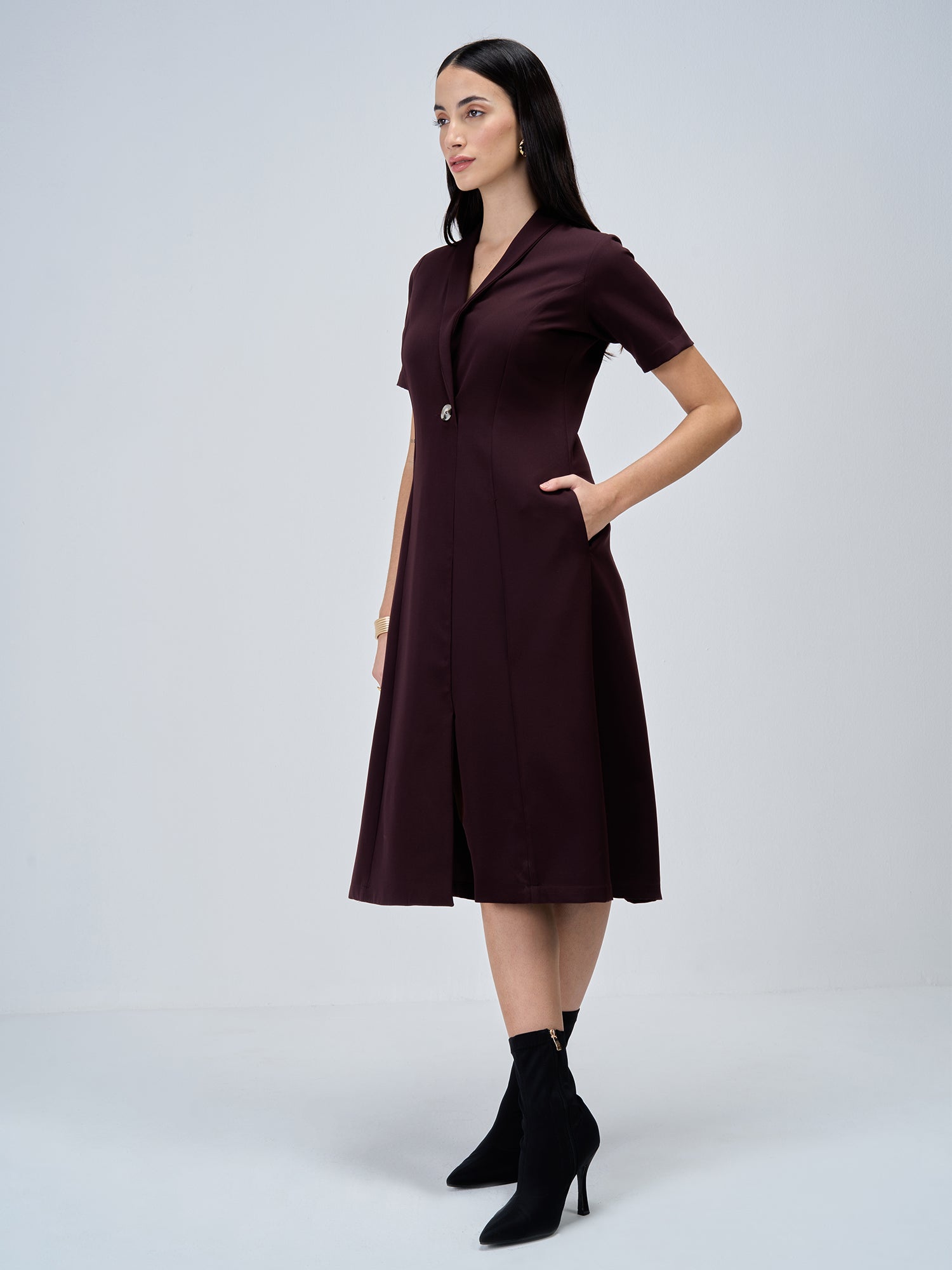 Stalwart Shawl Collared Dress-Dark Brown