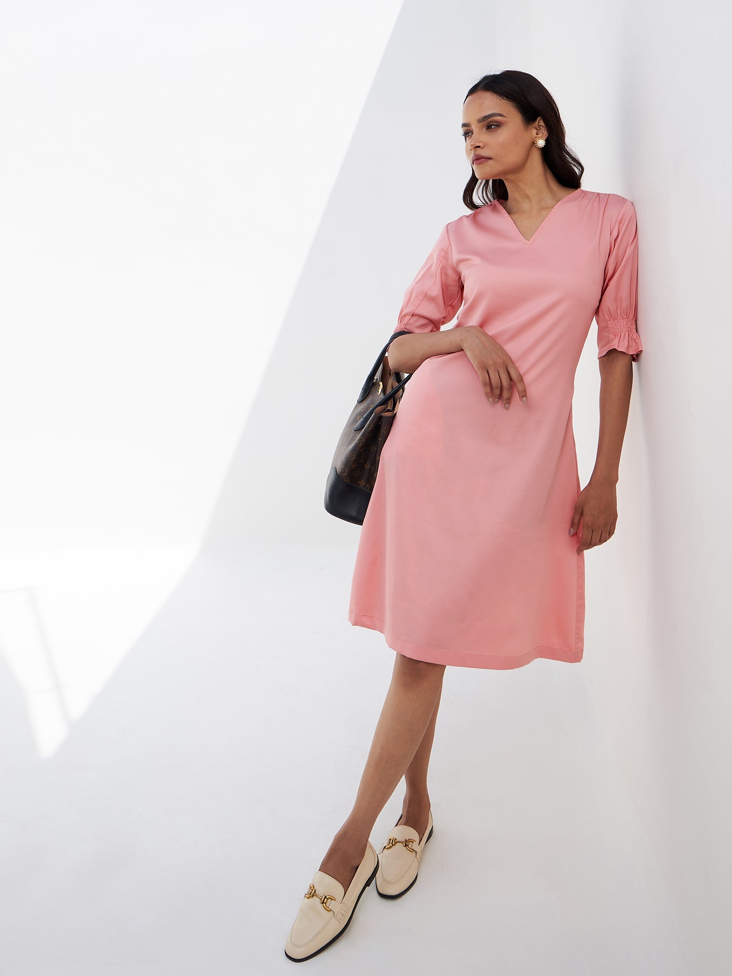 Roseate Smocked Sleeves Dress-Peach