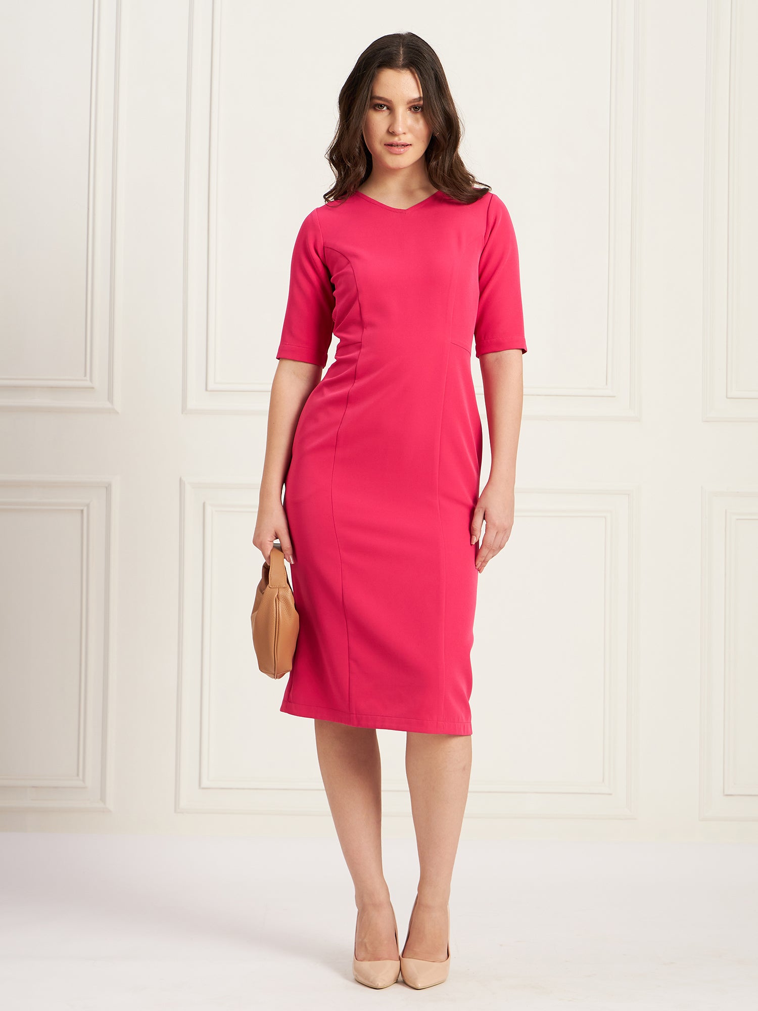 Sprightly Panelled Shift Dress-Ruby Pink