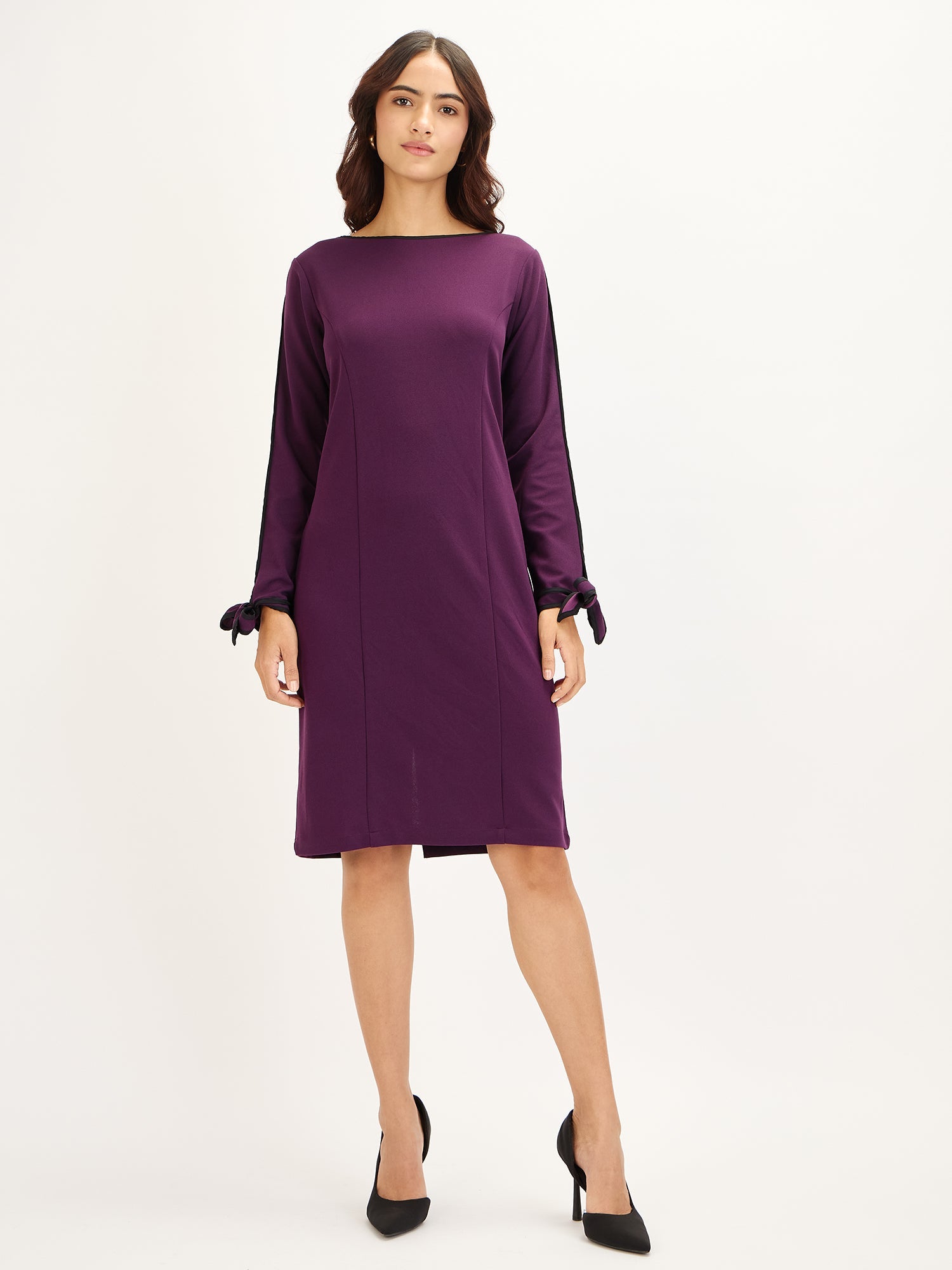 Forest-Dark Purple Tie-up Cuff Dress - Dark Purple