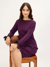 Forest-Dark Purple Tie-up Cuff Dress - Dark Purple