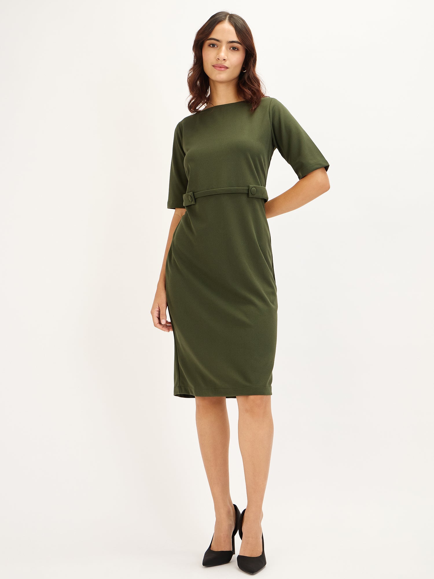 Prague-Seaweed Green Tab Detail Dress - Seaweed Green