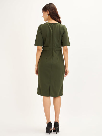 Prague-Seaweed Green Tab Detail Dress - Seaweed Green