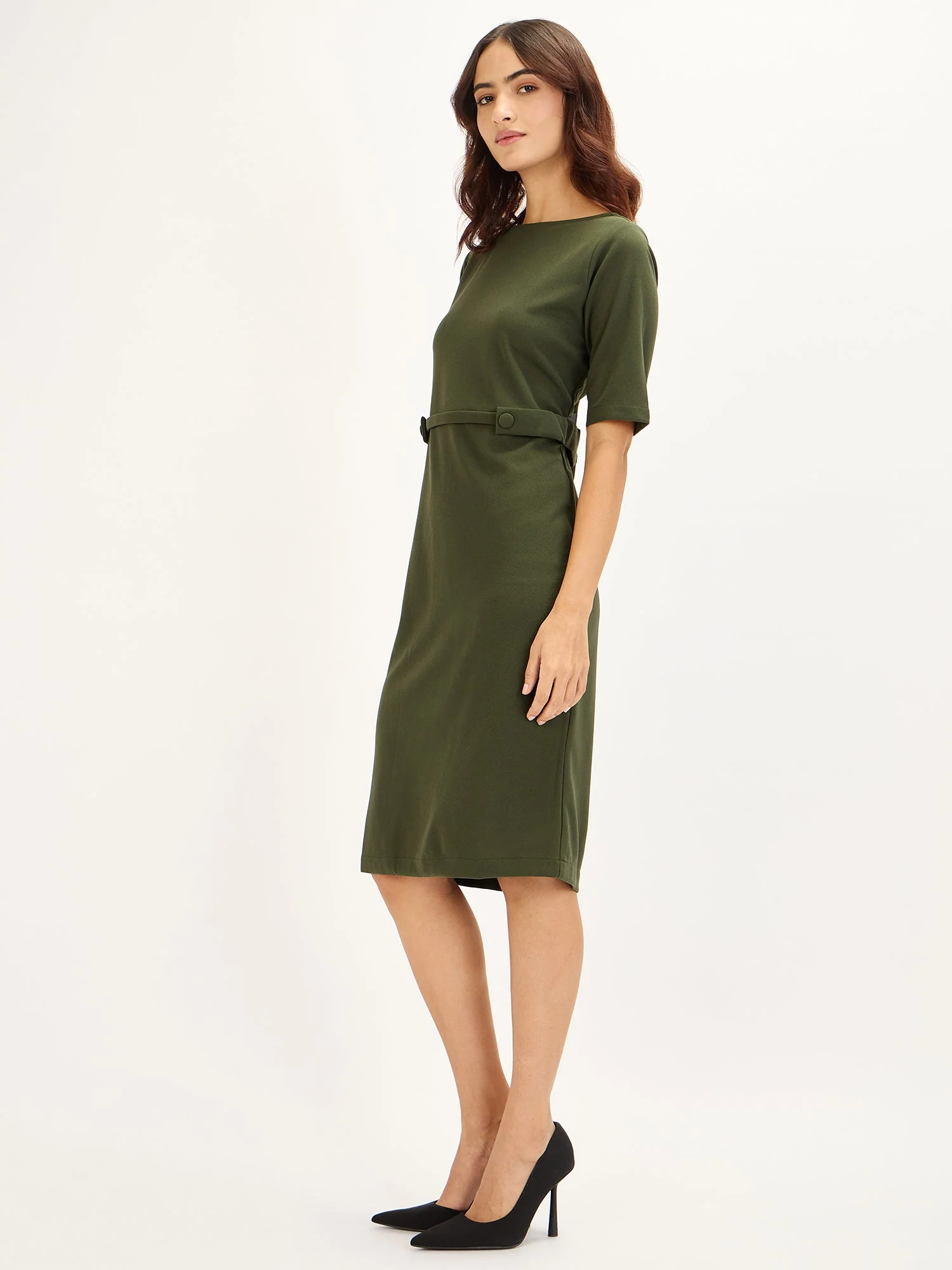 Prague-Seaweed Green Tab Detail Dress - Seaweed Green