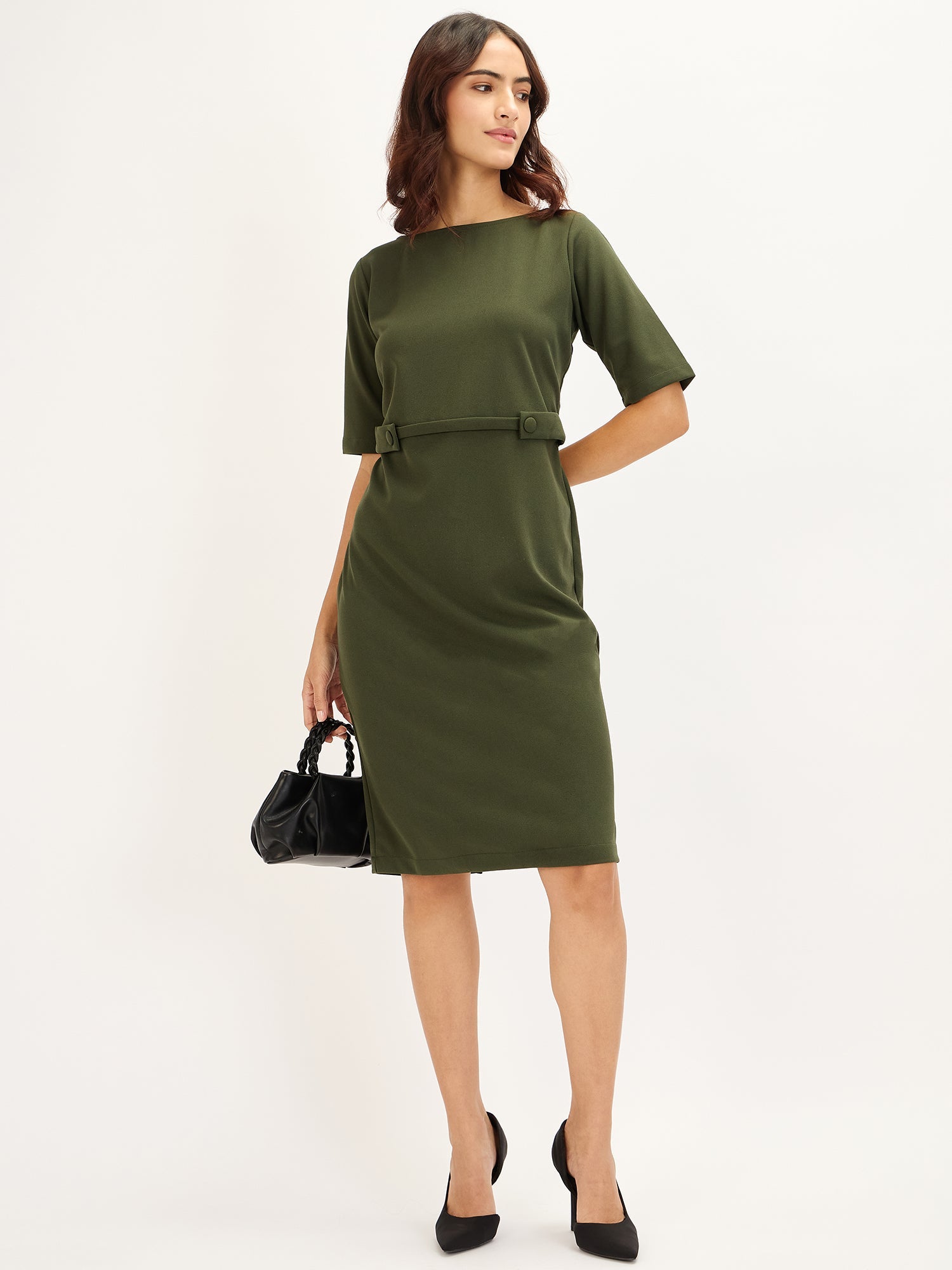 Prague-Seaweed Green Tab Detail Dress - Seaweed Green