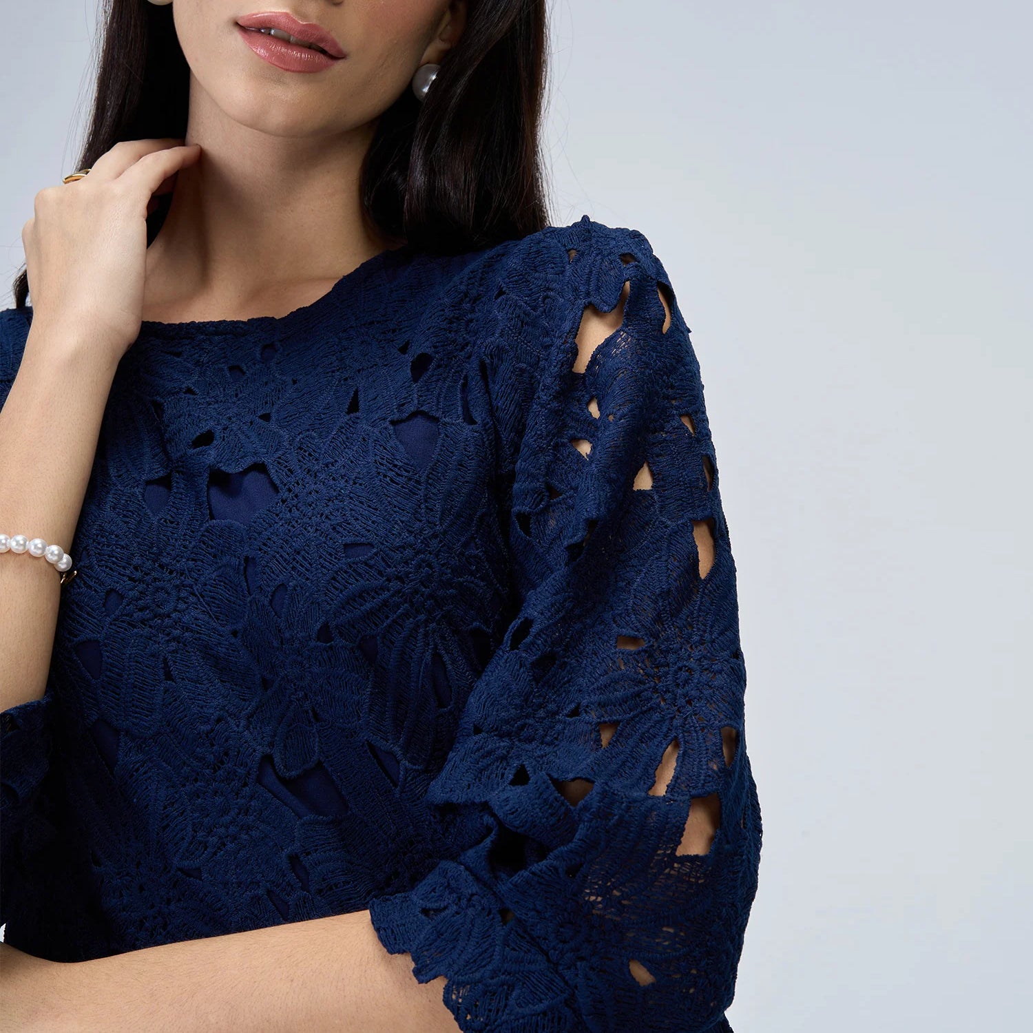 Navy Gardenia Lace Shift Dress-Navy