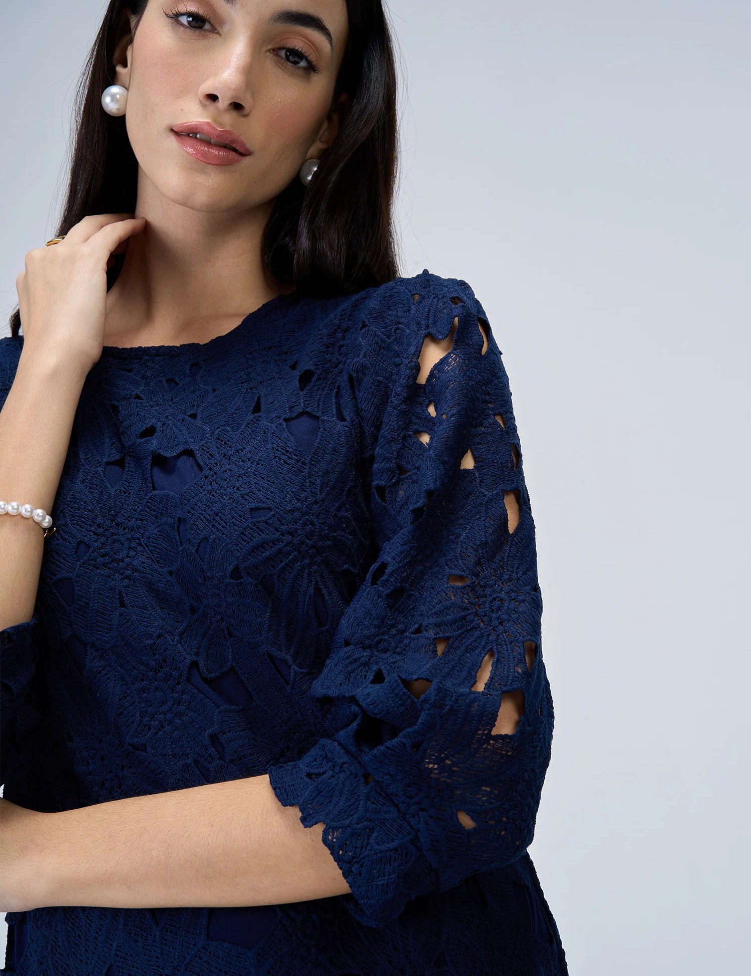 Navy Gardenia Lace Shift Dress-Navy