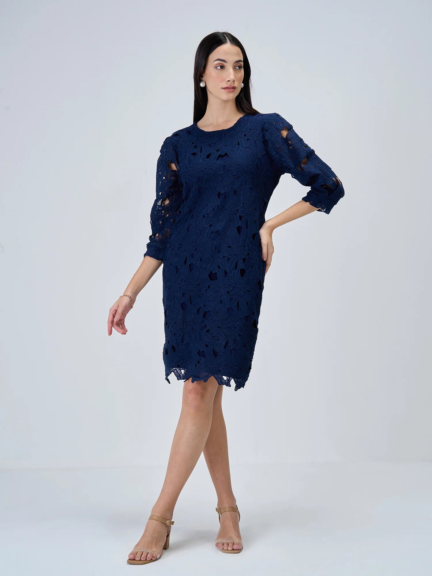 Navy Gardenia Lace Shift Dress-Navy