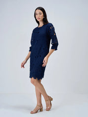 Navy Gardenia Lace Shift Dress-Navy