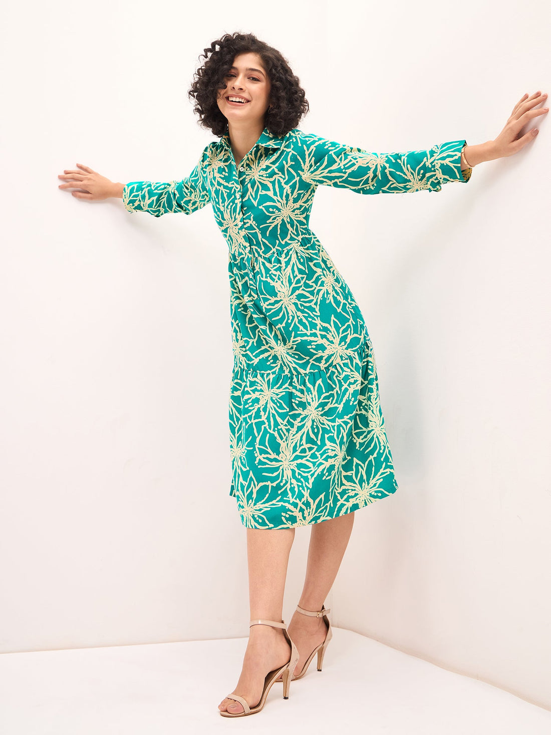 Lily Lagoon Floral Shirt Dress-Aquatic Blue/White