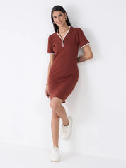 Mavis V Neck Rib Knit Dress-Brown/Beige