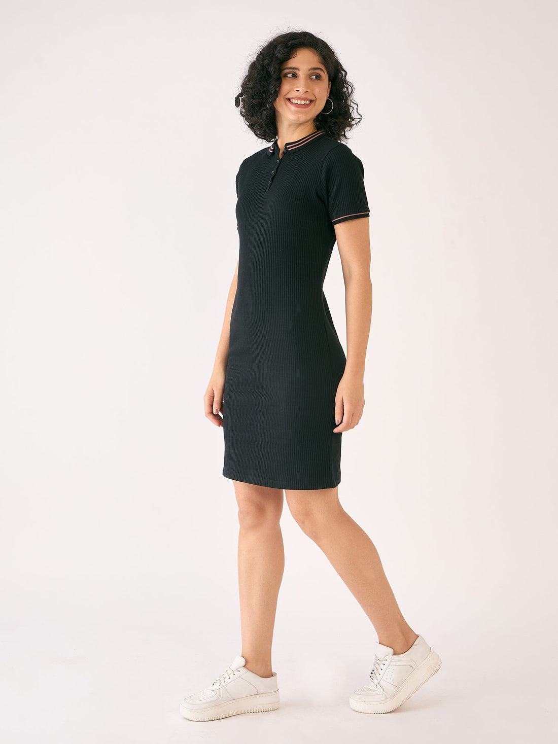 Adley Rib Knit Polo Dress-Black