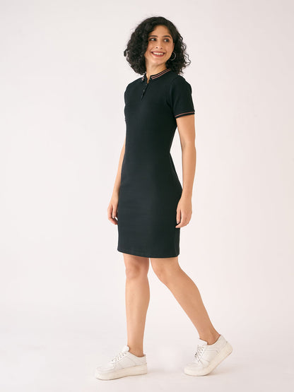 Adley Rib Knit Polo Dress-Black