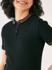 Adley Rib Knit Polo Dress-Black
