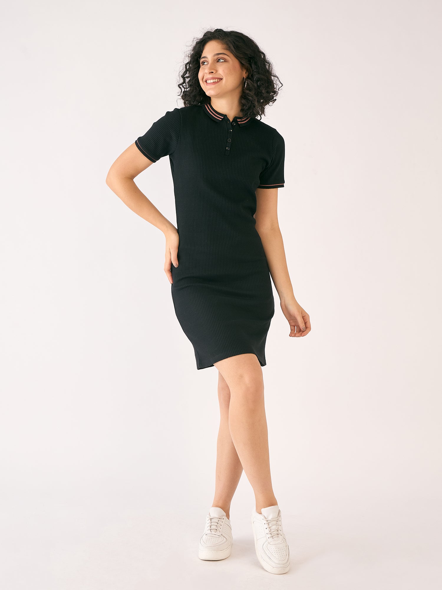 Adley Rib Knit Polo Dress-Black