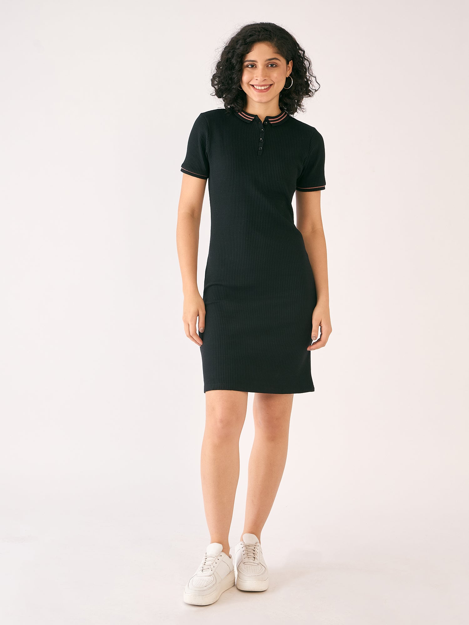 Adley Rib Knit Polo Dress-Black