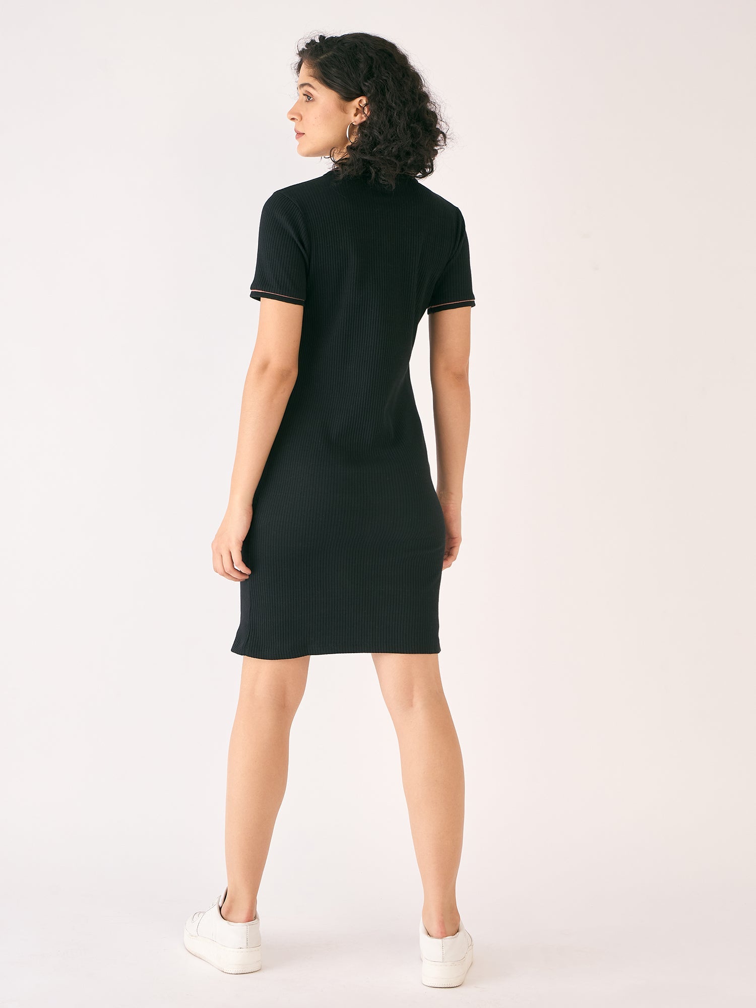 Adley Rib Knit Polo Dress-Black