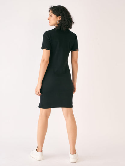 Adley Rib Knit Polo Dress-Black