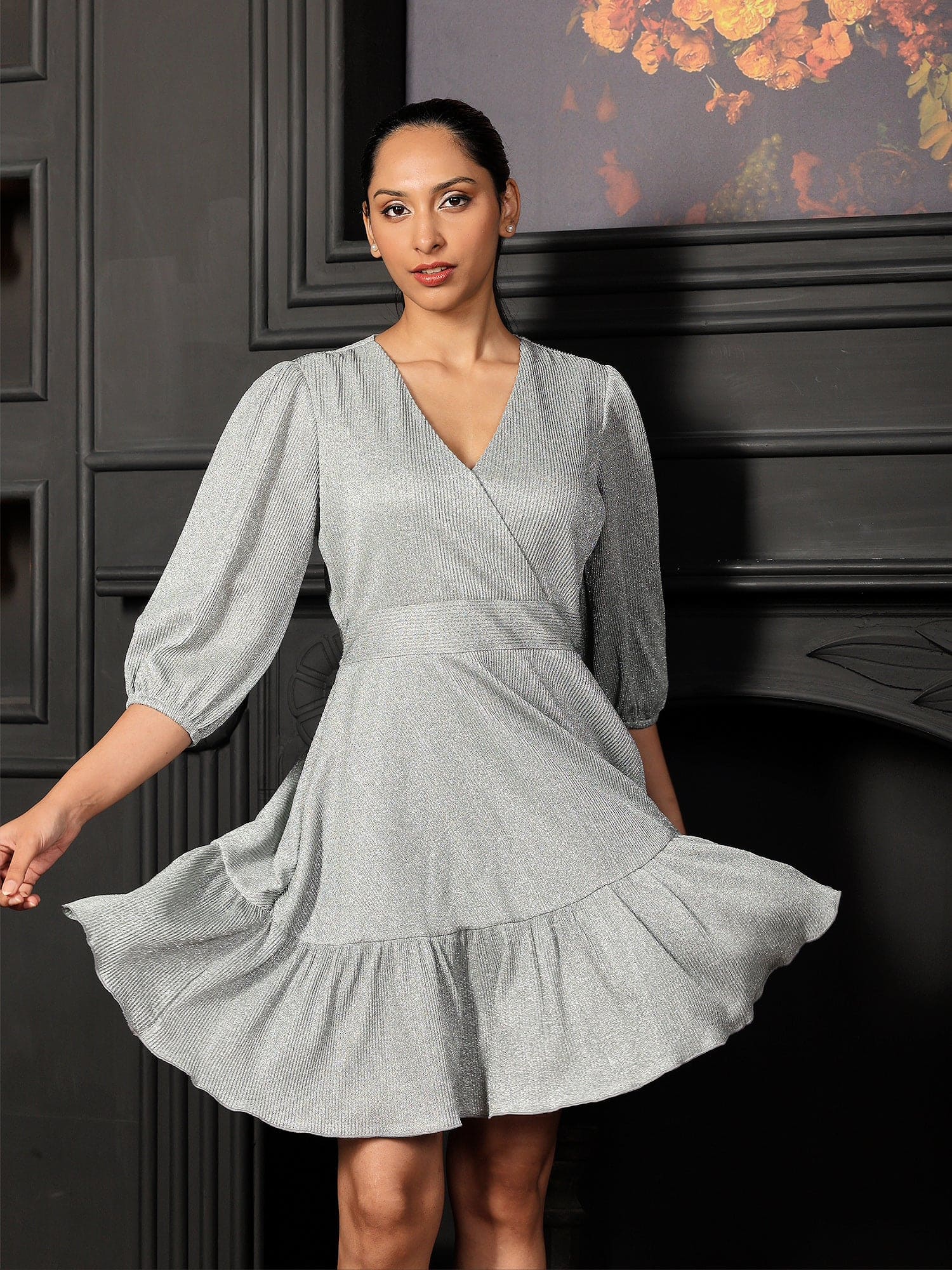 Lilith Plisse Tiered Dress - Grey