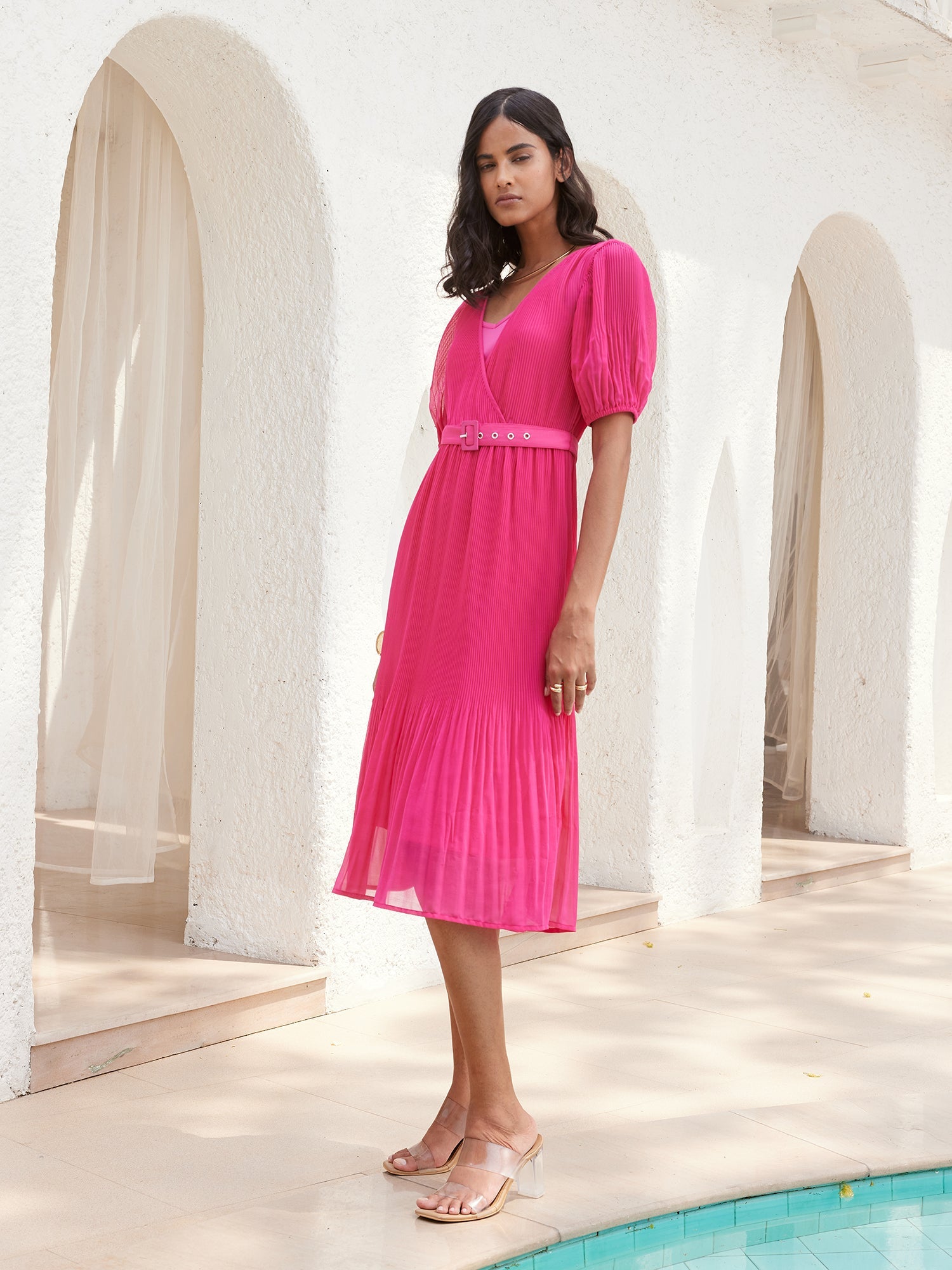 Buy Malibu Pleated Midi Dress Pink Color Dresses for Women