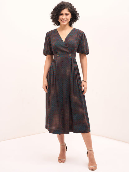 Effie Geometric Wrap Dress - Brown