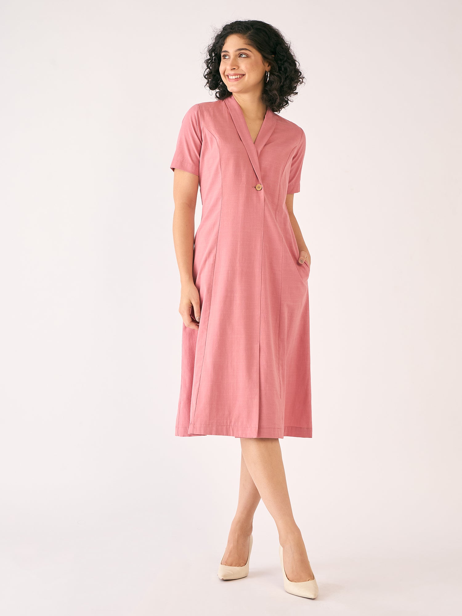 May Shawl Collared Dress - Dusty Pink