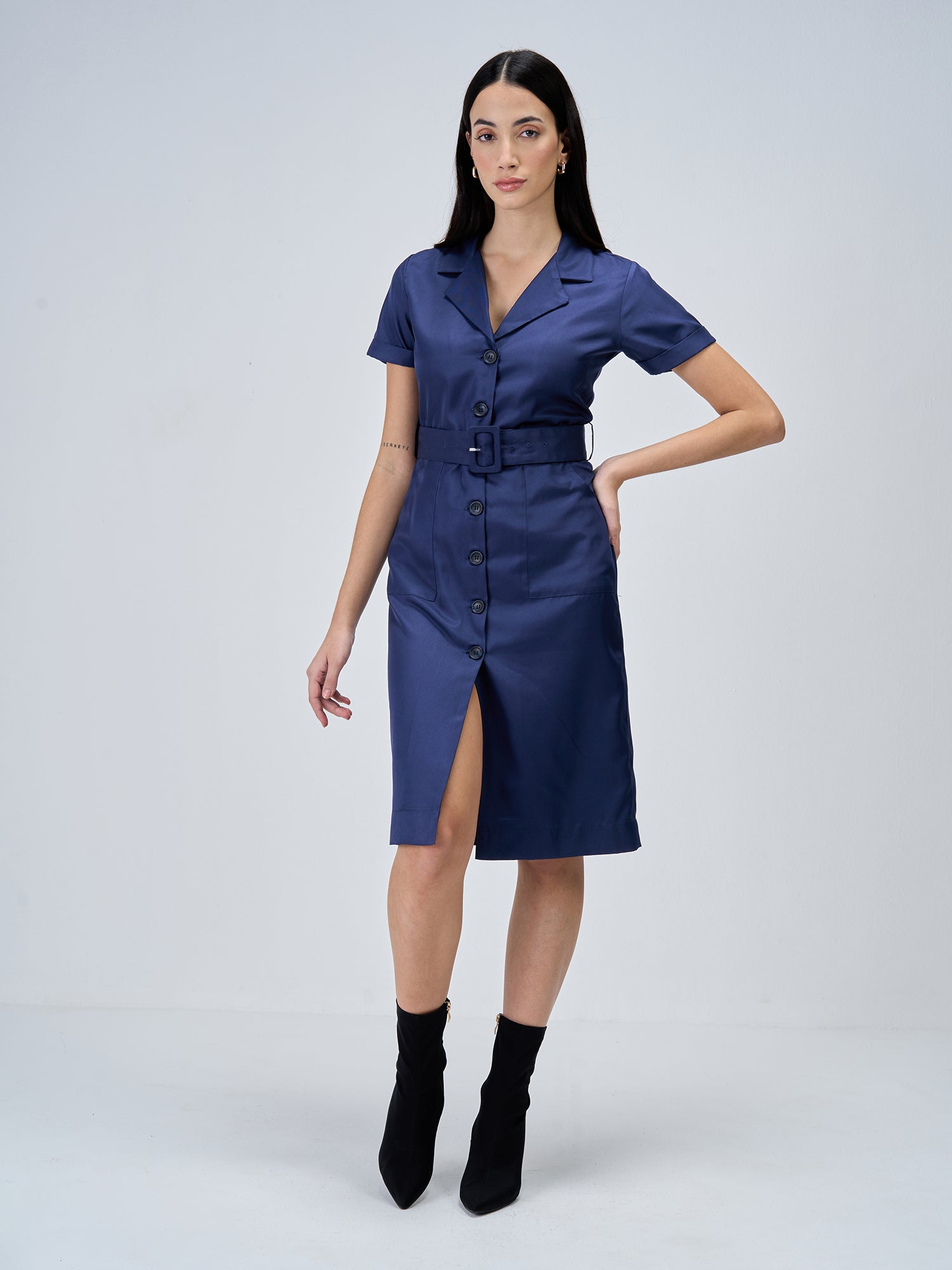 Kate-Navy Belted Shirt Dress-Navy